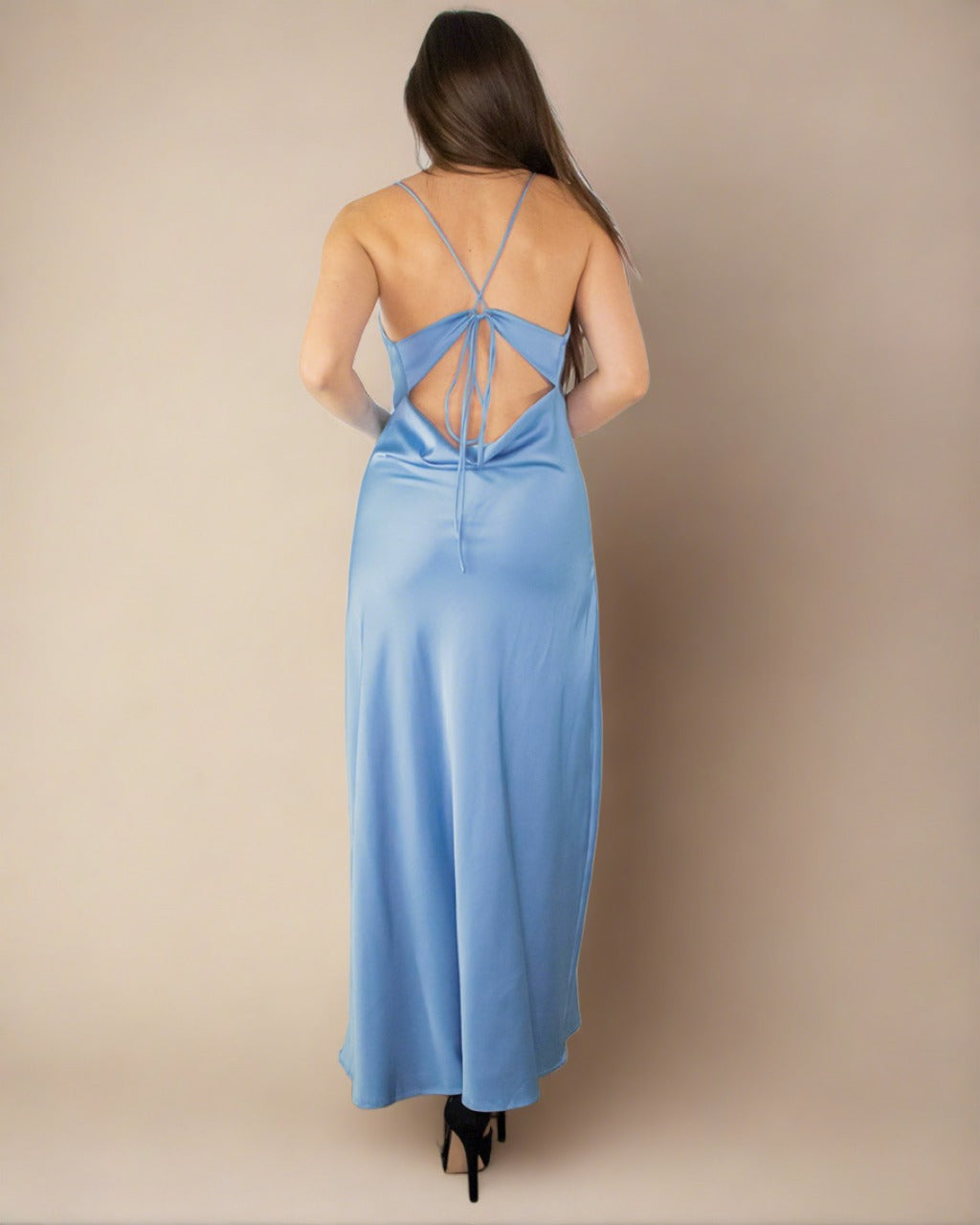 ADKN Davina Blue Satin Cowl Neck Dress - Long Satin Slip Dress