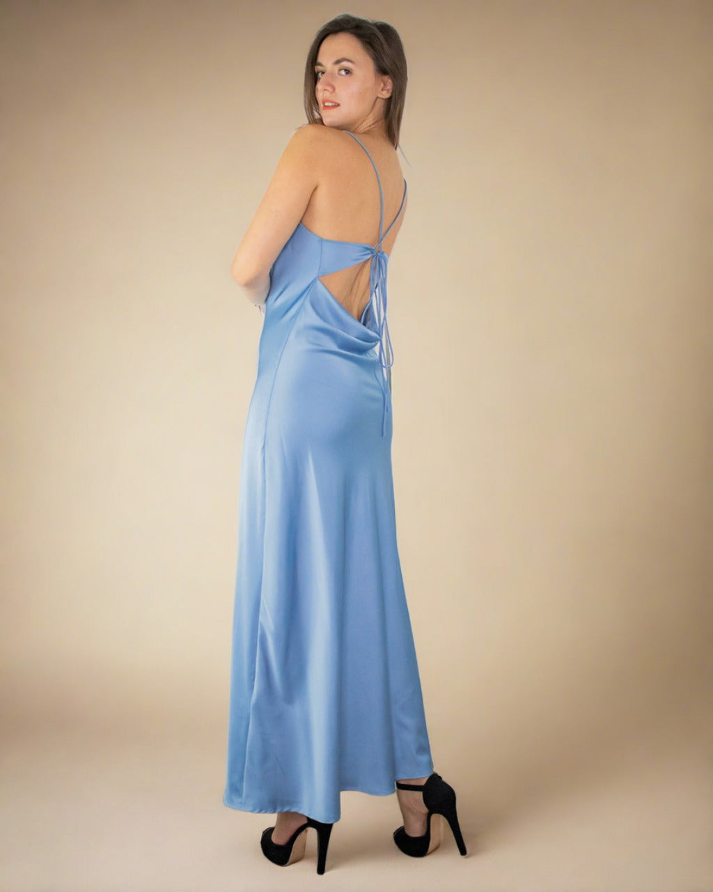Davina Blue Satin Cowl Neck Dress - Long Satin Slip Dress