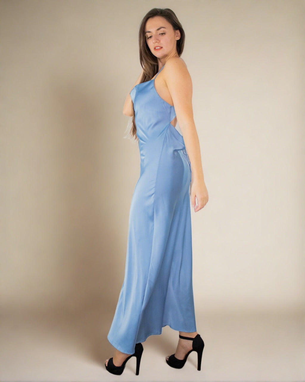 Blue Satin Cowl Neck Dress - Long Satin Slip Dress