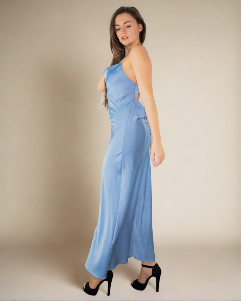 ADKN Davina Blue Satin Cowl Neck Dress - Long Satin Slip Dress