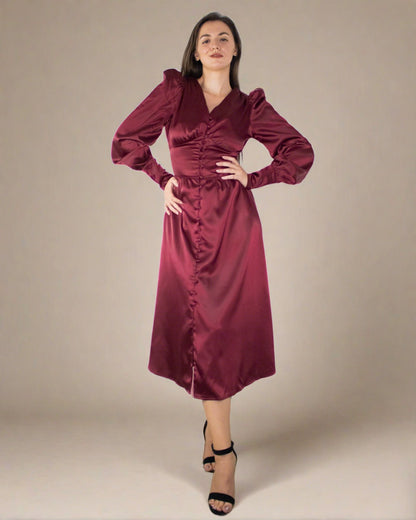 Kelsey Burgundy Red Satin Long Sleeve Dress with Bishop Sleeves