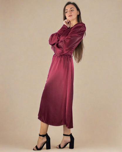 Kelsey Burgundy Red Satin Long Sleeve Dress with Bishop Sleeves