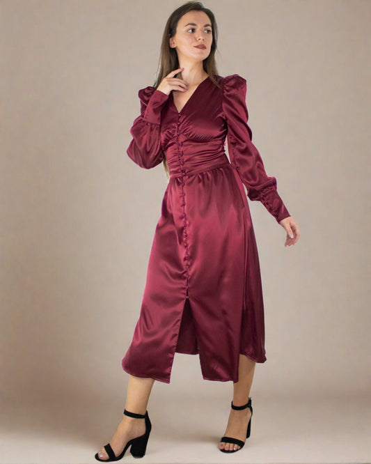 Kelsey Burgundy Red Satin Long Sleeve Dress with Bishop Sleeves