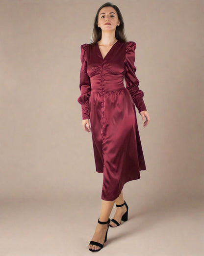 Kelsey Burgundy Red Satin Long Sleeve Dress with Bishop Sleeves