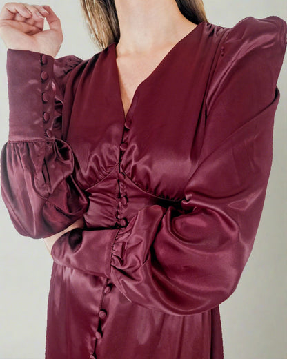 Kelsey Burgundy Red Satin Long Sleeve Dress with Bishop Sleeves