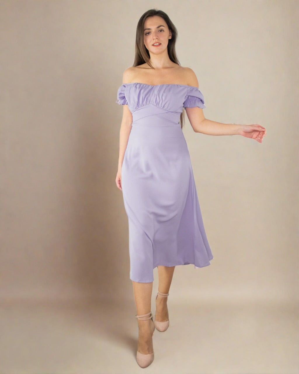 Lilac Dress for Wedding Guest - Bardot Midi Dress | ADKN