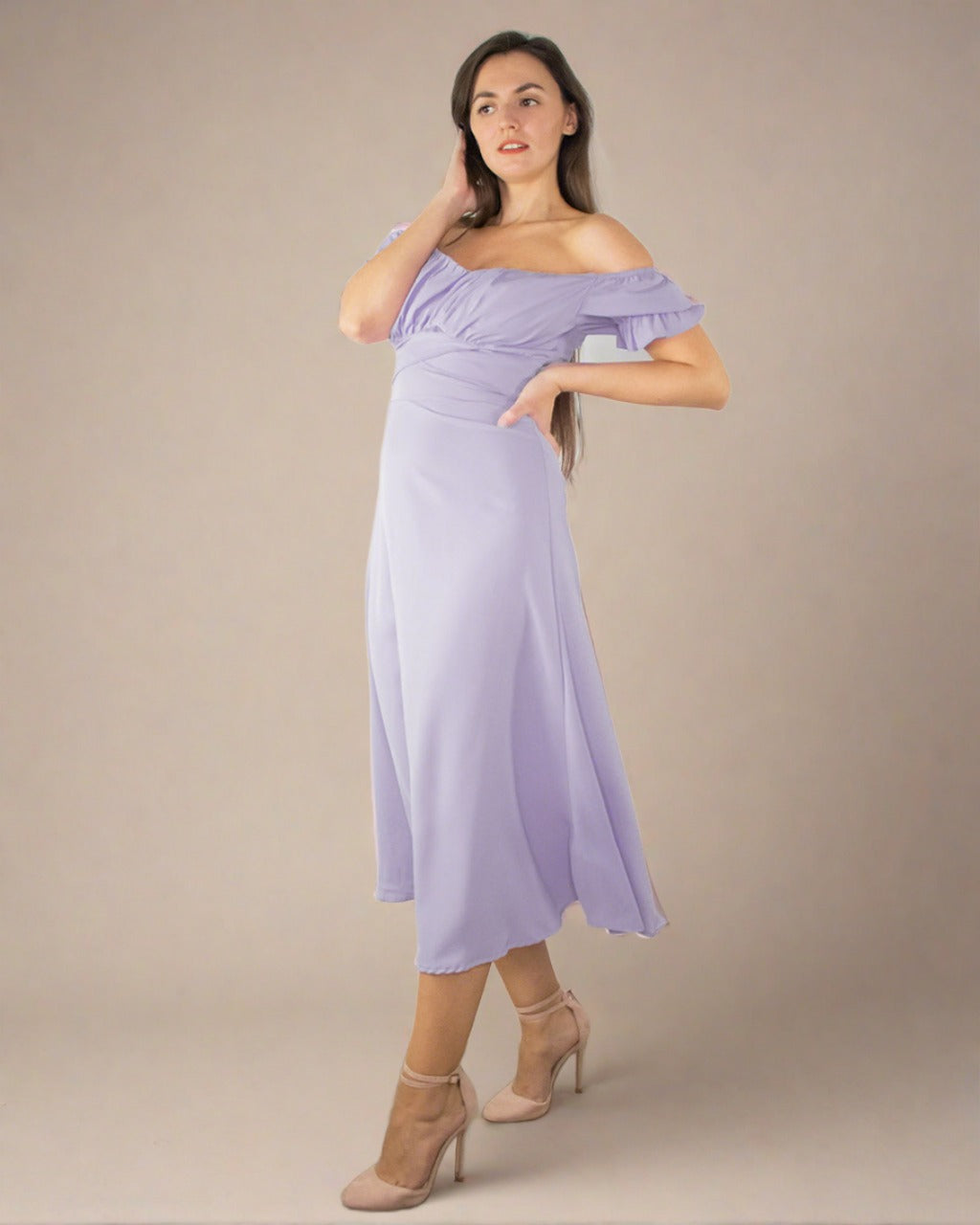 Sophia Lilac Dress - Bardot Midi Dress
