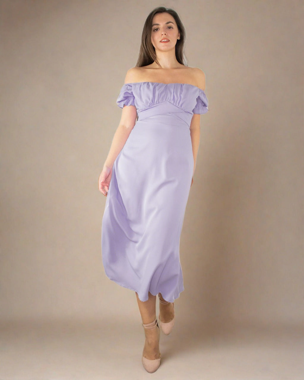 Lilac Dress for Wedding Guest - Bardot Midi Dress | ADKN