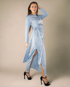 ADKN Elena Light Blue Dress with Slit - Blue Midi Occasion Dress