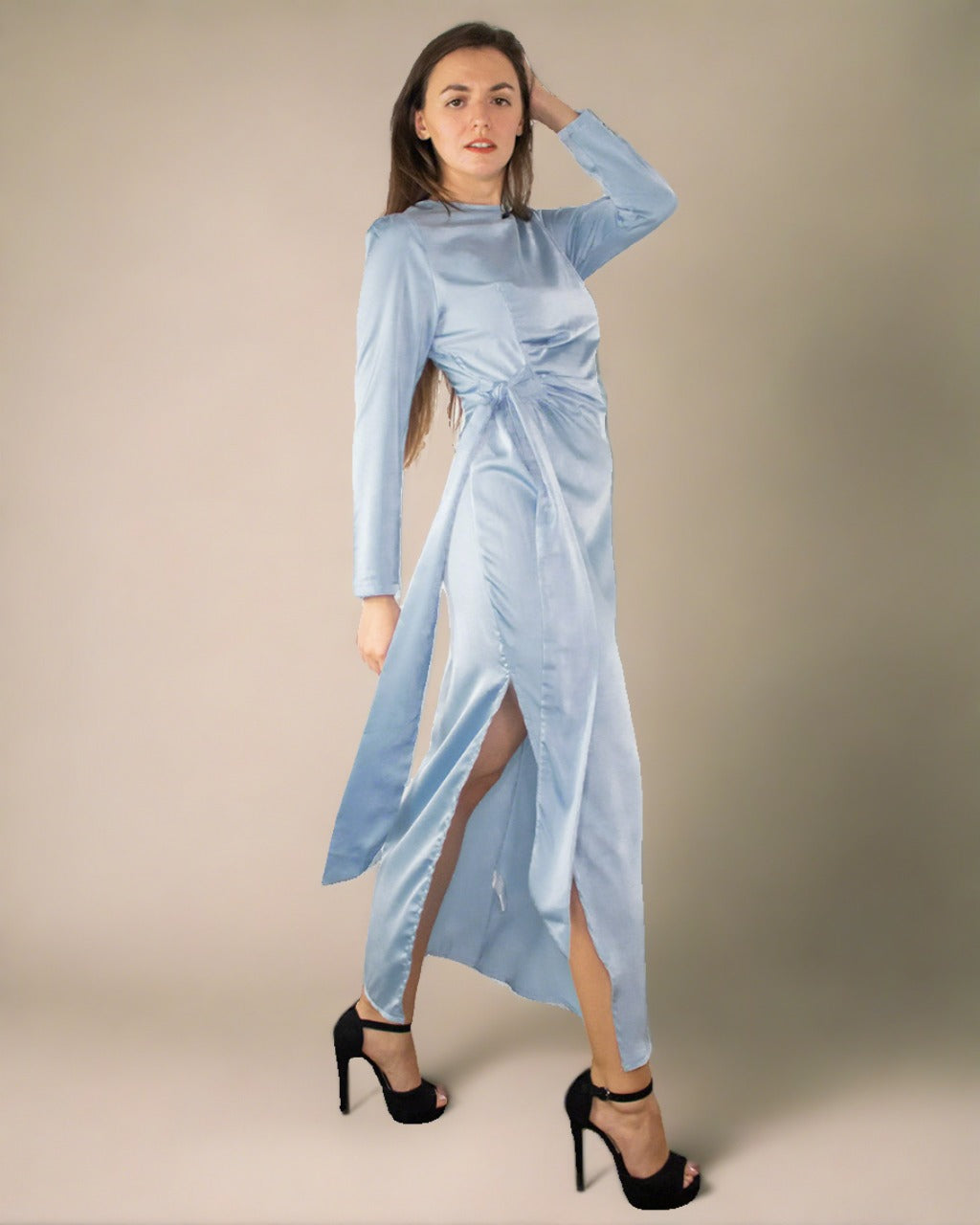ADKN Elena Light Blue Dress with Slit - Blue Midi Occasion Dress