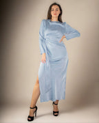 ADKN Elena Light Blue Dress with Slit - Blue Midi Occasion Dress