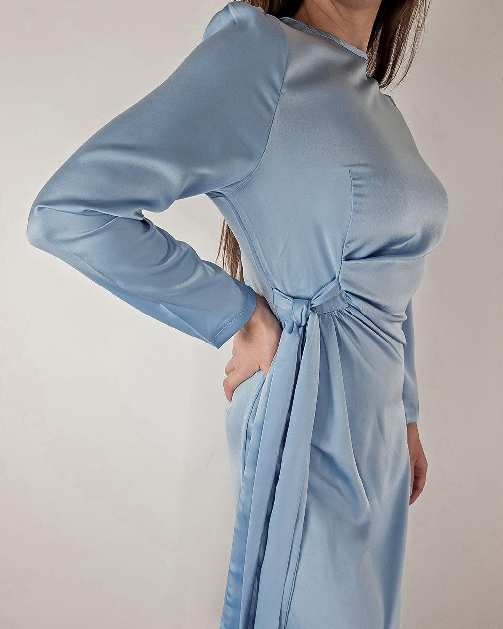 ADKN Elena Light Blue Dress with Slit - Blue Midi Occasion Dress