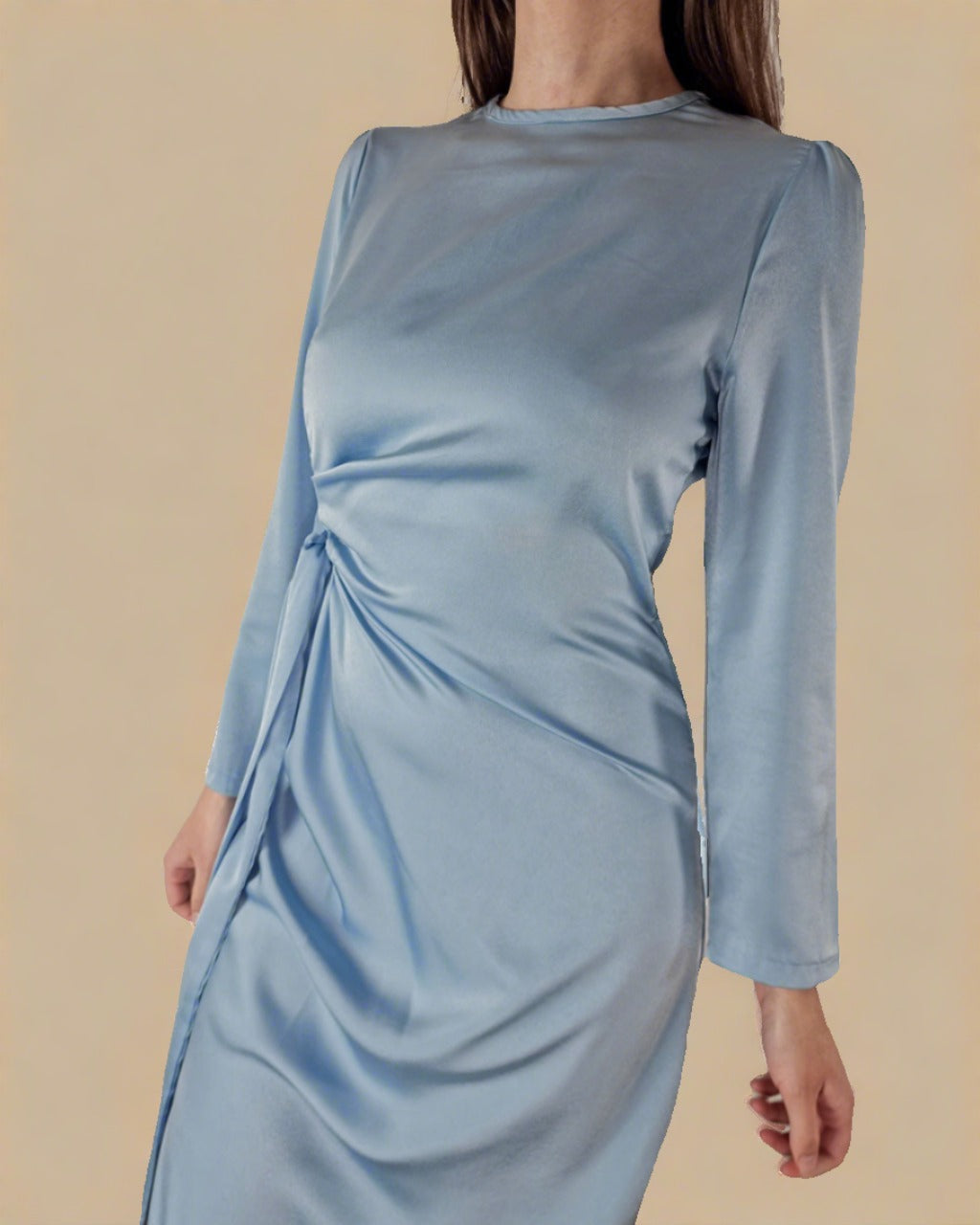 pale blue long sleeve dress Sky Blue Satin Maxi Dress with Long Sleeves, A line Flowy Ivory Maxi Dress , Satin Blue Dress, Minimal Simple wedding Dress