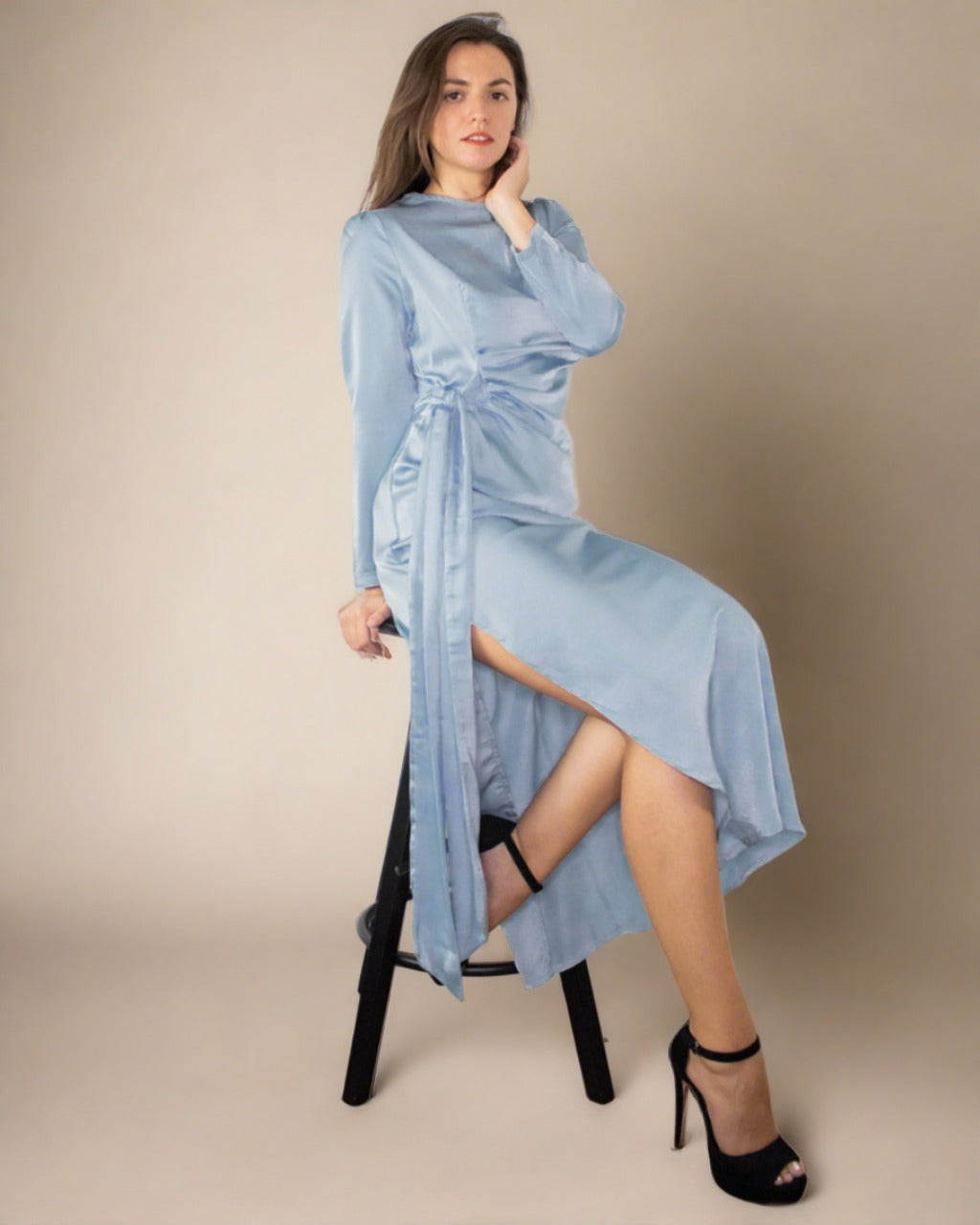 ADKN Elena Light Blue Dress with Slit - Blue Midi Occasion Dress