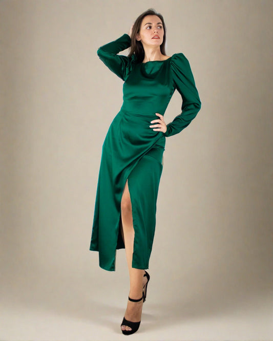 Inara Midi Dress - Satin Long Sleeve Emerald Green Dress