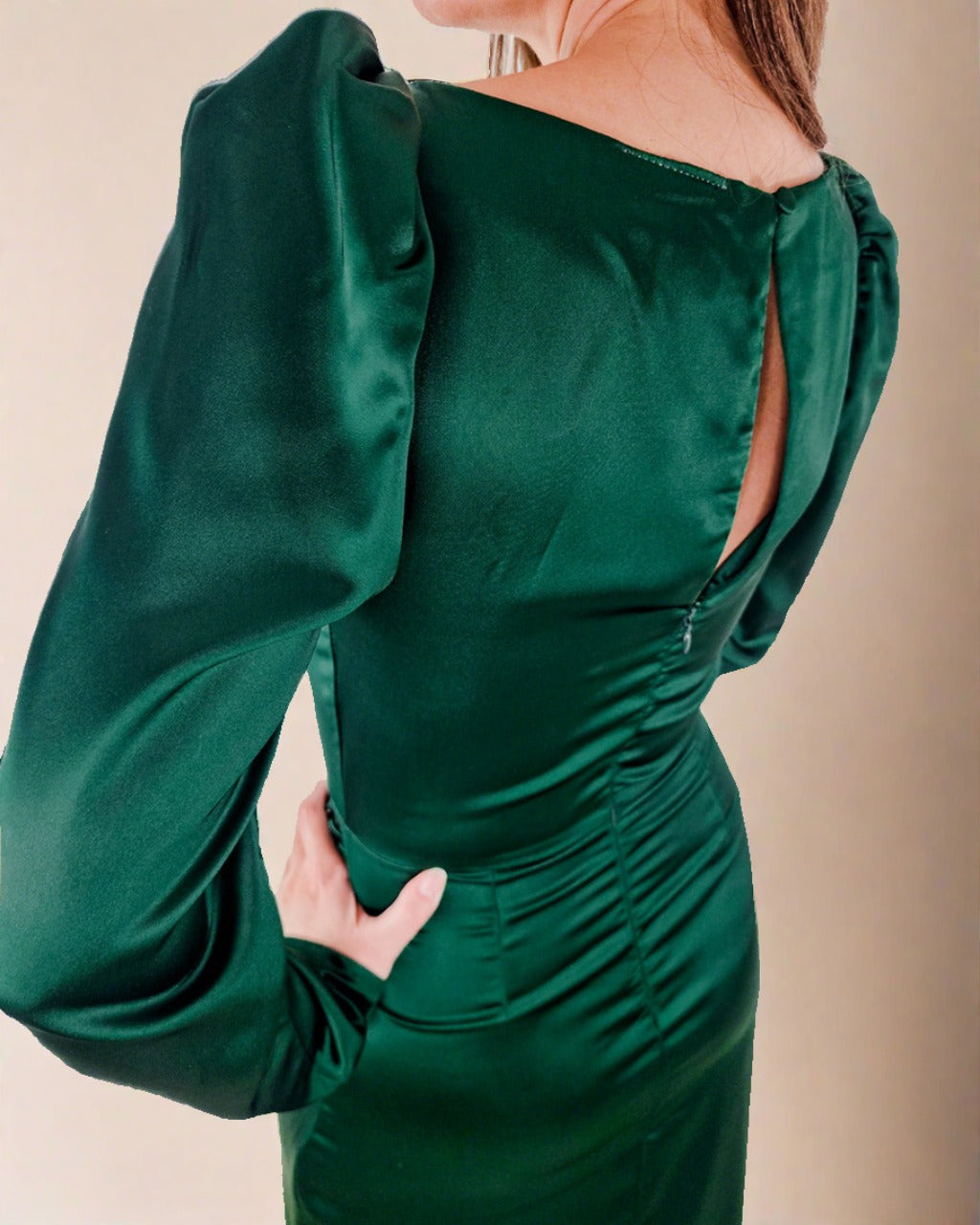 ADKN Inara Midi Dress - Satin Long Sleeve Emerald Green Dress