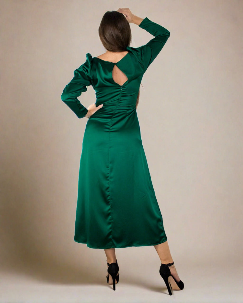 ADKN Inara Midi Dress - Satin Long Sleeve Emerald Green Dress