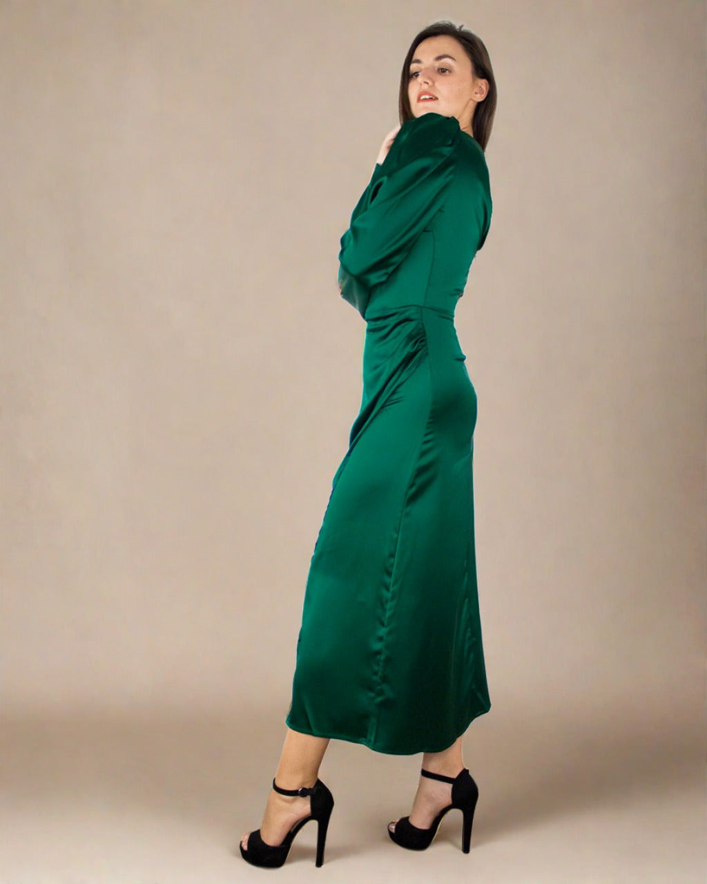 ADKN Inara Midi Dress - Satin Long Sleeve Emerald Green Dress