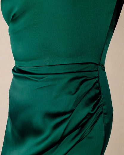 ADKN Inara Midi Dress - Satin Long Sleeve Emerald Green Dress