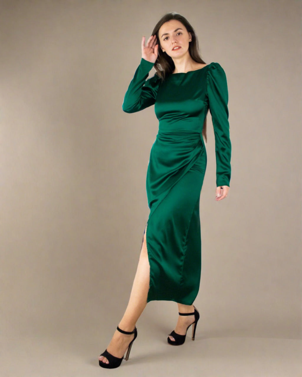 ADKN Inara Midi Dress - Satin Long Sleeve Emerald Green Dress