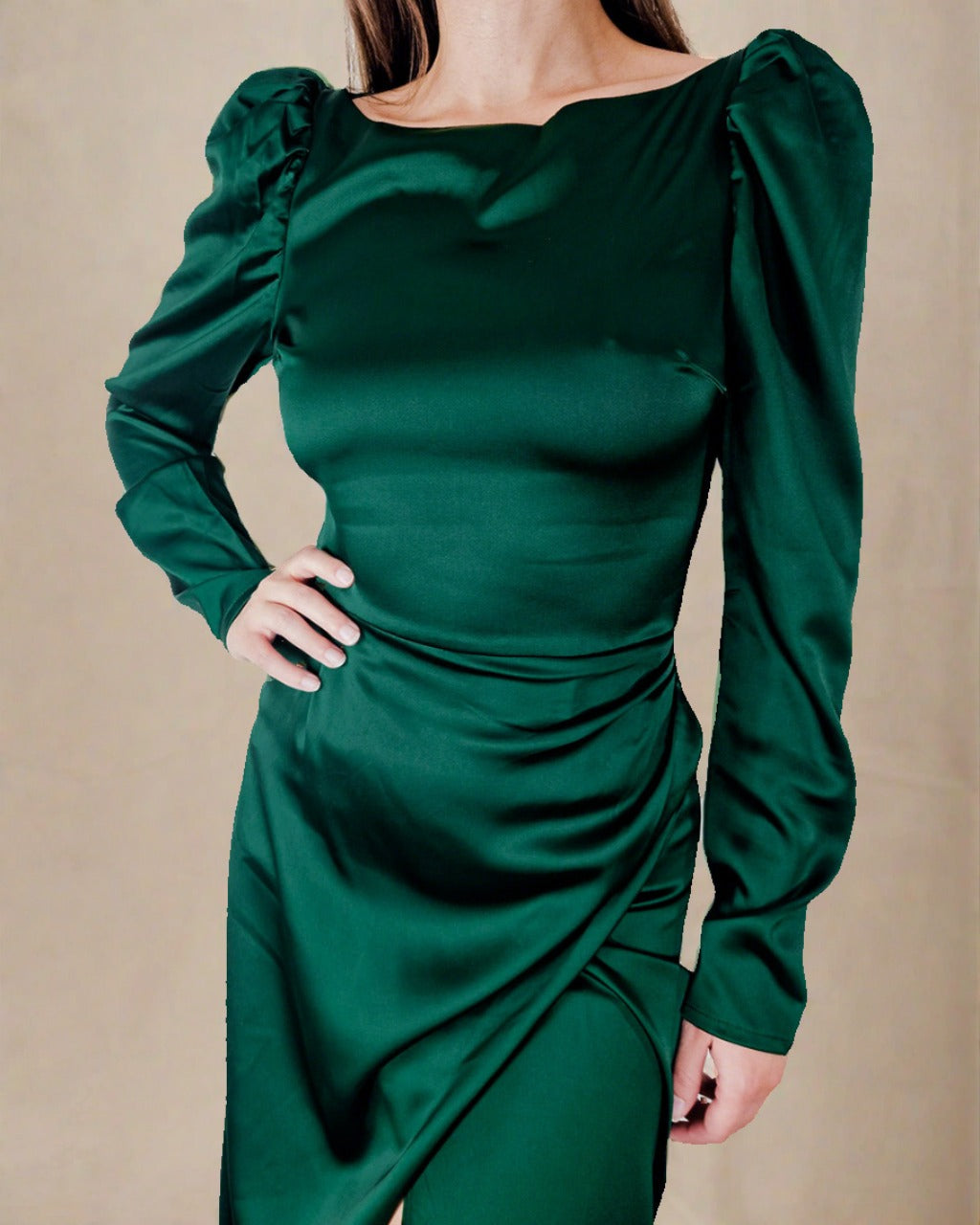 ADKN Inara Midi Dress - Satin Long Sleeve Emerald Green Dress