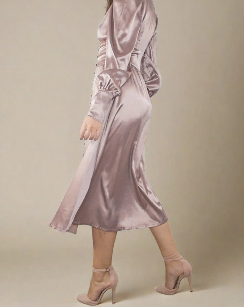 Kelsey Mocha Brown Satin Corset Dress - Button Up Long Sleeve Satin Dress