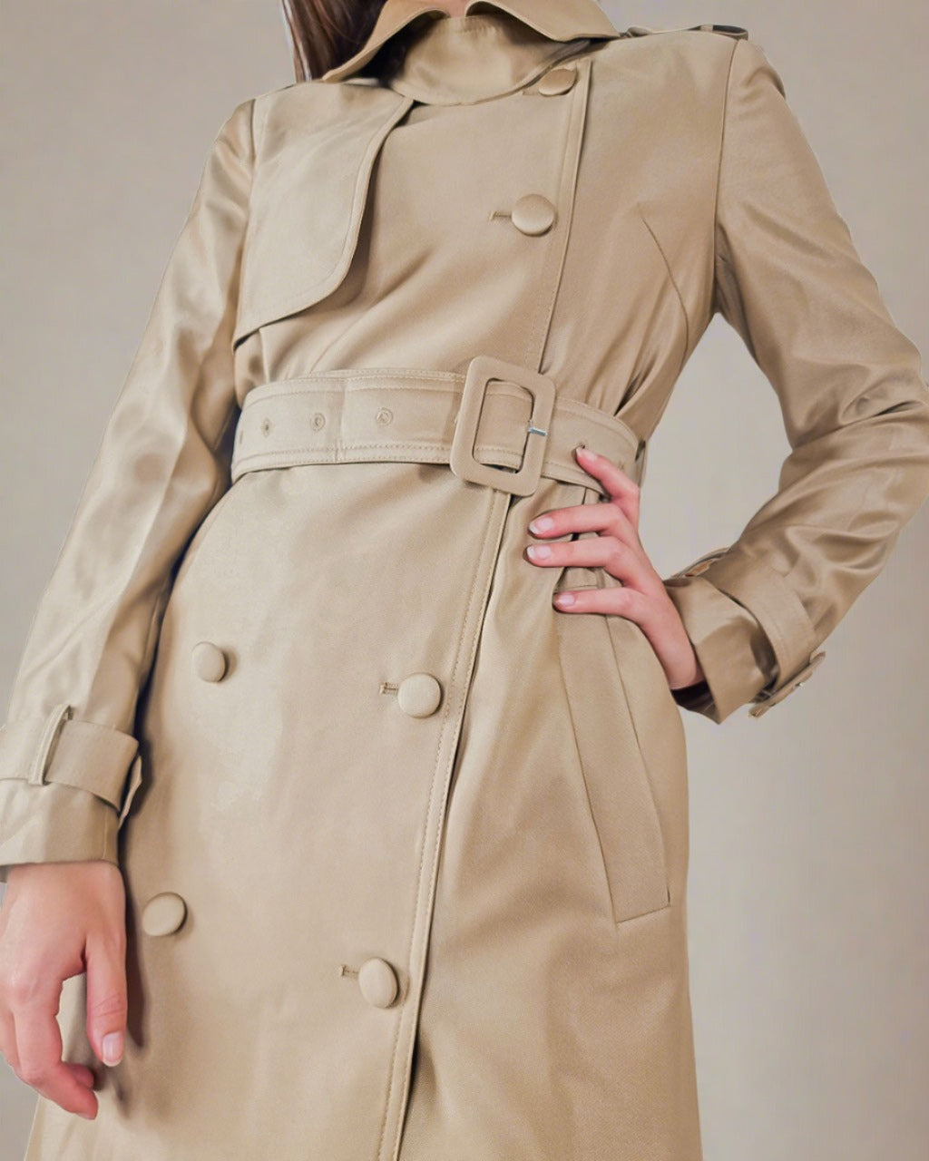 Women Double Breasted Long Trench Coat in Beige | ADKN