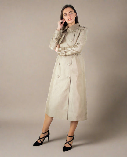 Elora Women Double Breasted Long Trench Coat in Beige