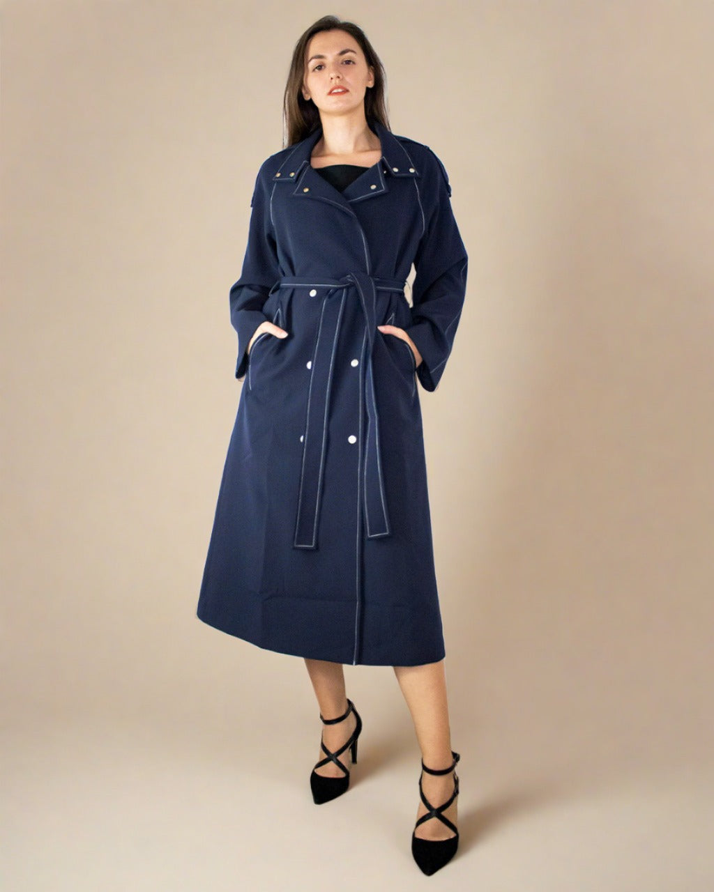Nola Women Navy Blue Belted Coat - Oversized Trench Coat