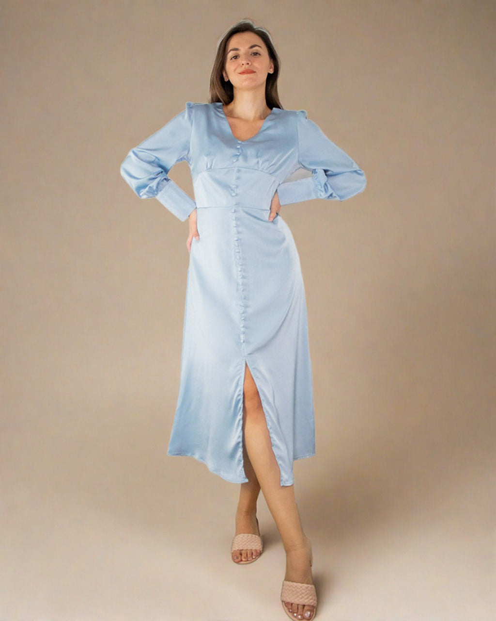 Grace Pale Blue Midi Dress with Buttons