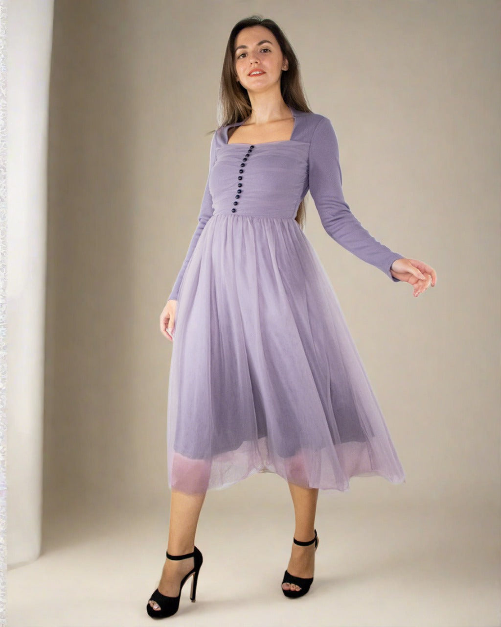 ADKN Violet Long Sleeve Cocktail Tulle Dress - Purple Bridesmaid Dress