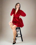 ADKN Clara Red Party Dress - Red Velvet Dress with Balloon Sleeves