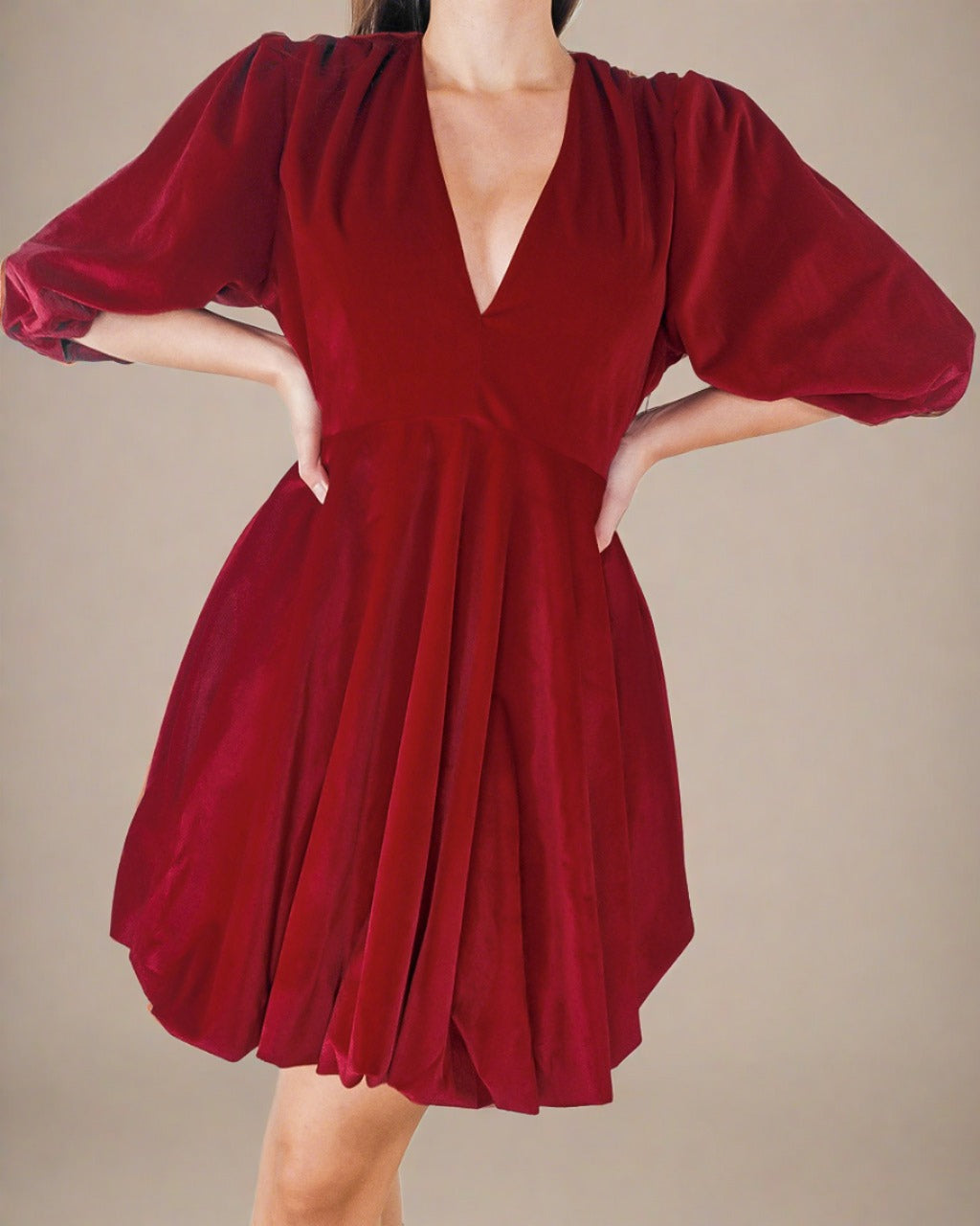 ADKN Clara Red Party Dress - Red Velvet Dress with Balloon Sleeves