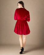 ADKN Clara Red Party Dress - Red Velvet Dress with Balloon Sleeves