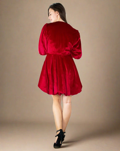 Clara Red Party Dress - Red Velvet Dress with Balloon Sleeves