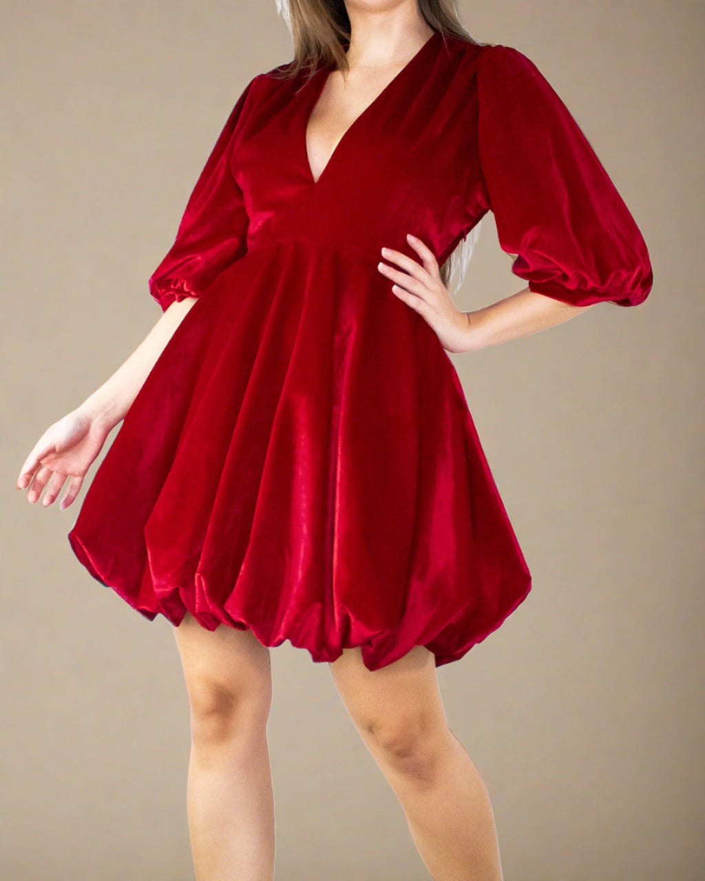 Clara Red Party Dress - Red Velvet Dress with Balloon Sleeves