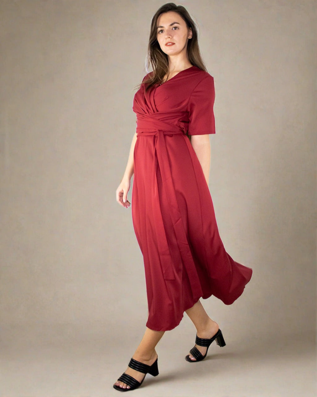 Takara Red Short Sleeve Midi Dress with Wrap Belt
