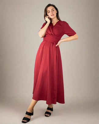 Short Sleeve Midi Dress with Waist Draping - Red main image 0