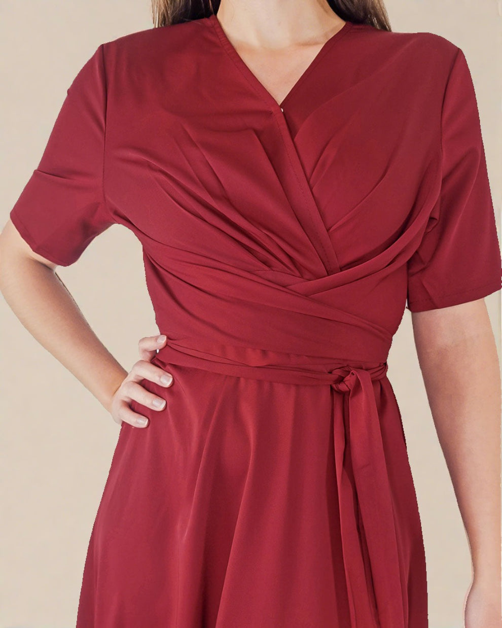 Red Short Sleeve Midi Dress with Wrap Belt
