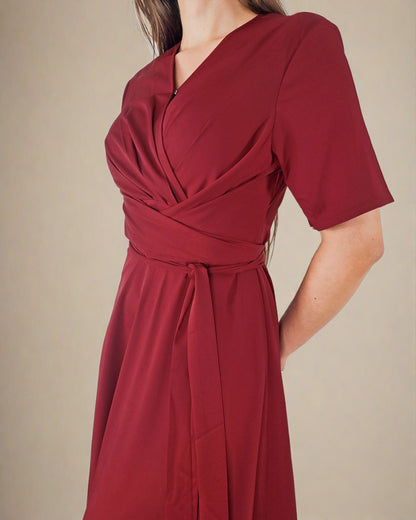 ADKN Takara Red Short Sleeve Midi Dress with Wrap Belt