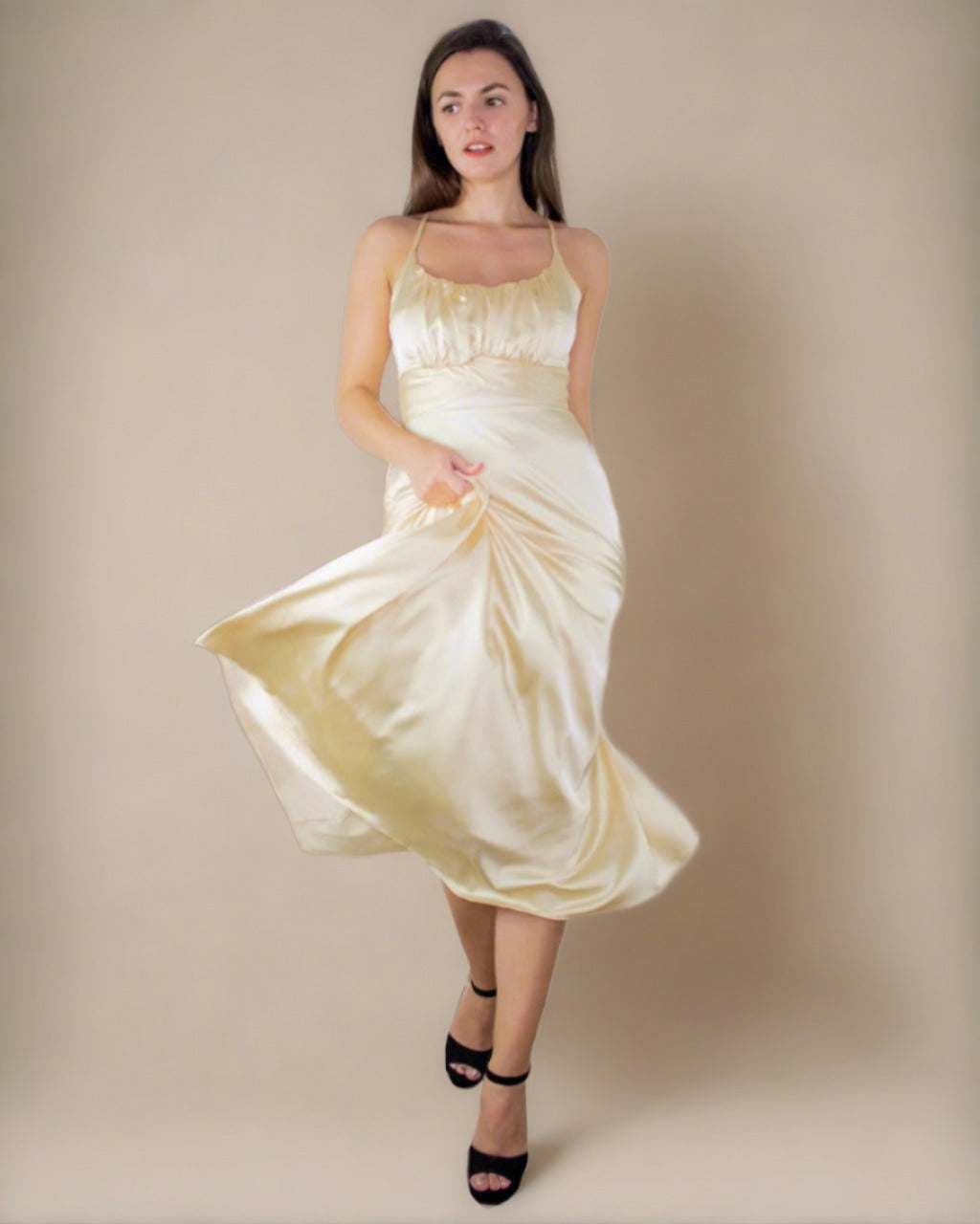 Alaw Silky Gold Champagne Satin Dress - Satin Midi Slip Dress