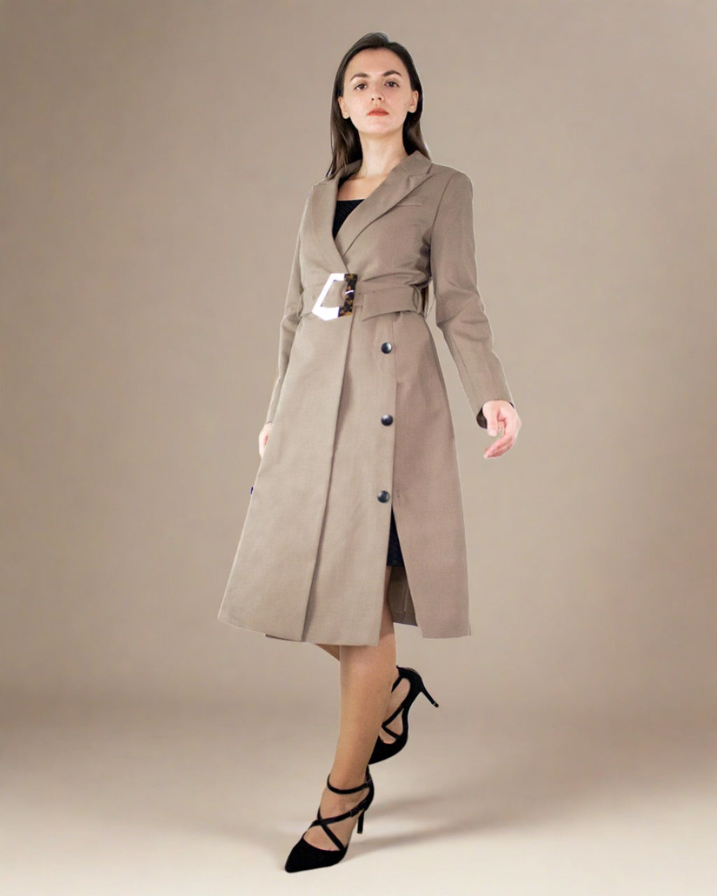 ADKN Tayah Women Midi Fitted Coat with Belt - Tailored Trench Coat
