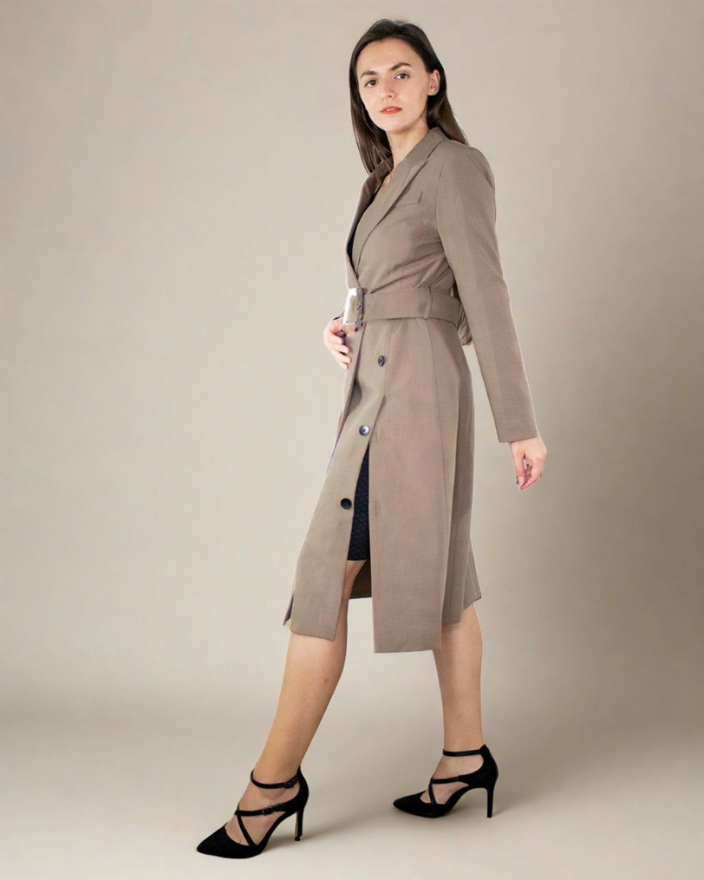ADKN Tayah Women Midi Fitted Coat with Belt - Tailored Trench Coat