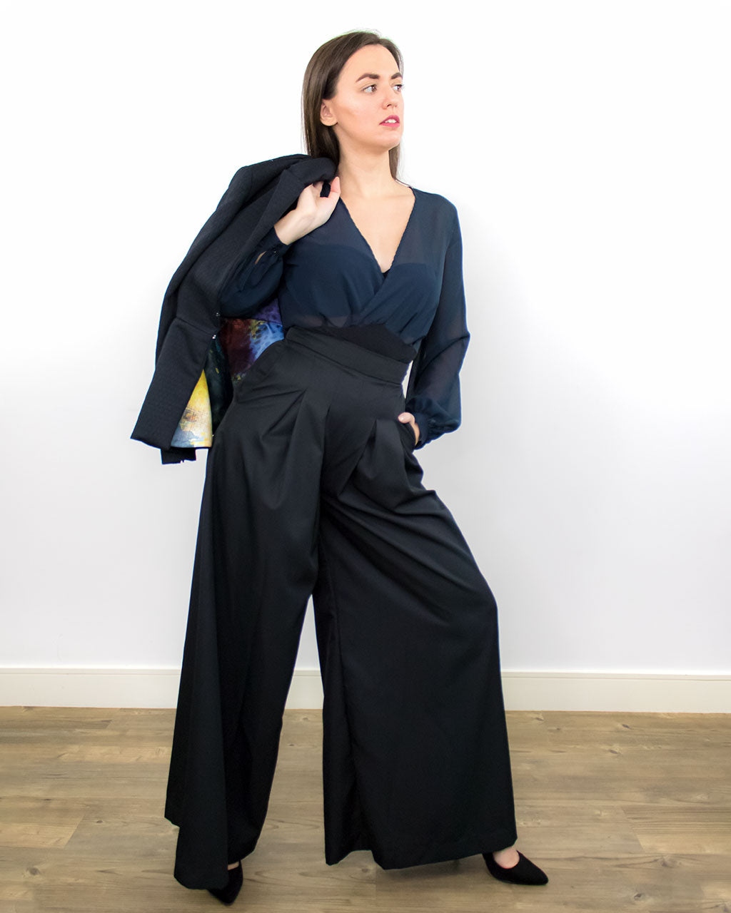 ADKN Tenes Black Wide-Leg High Waist Trousers with Pockets