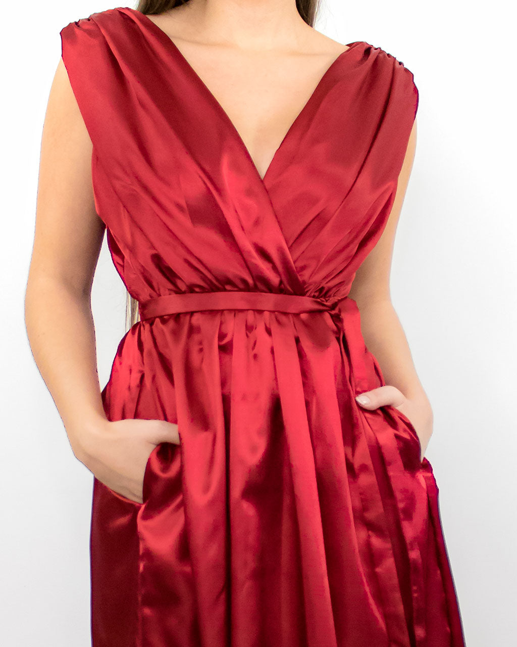Ethical rust red midi occasion dress by ADKN sustainable satin silk formal party dresses for prom wedding guests made in UK