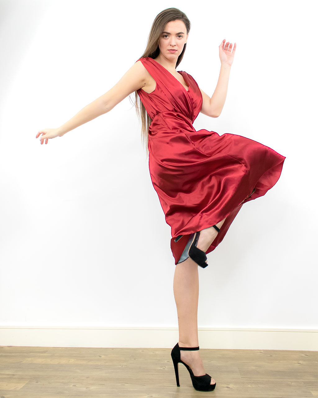 Dark red burgundy cocktail party midi satin silk ruched bridesmaid dress with belt ethically made from recycled PET bottles