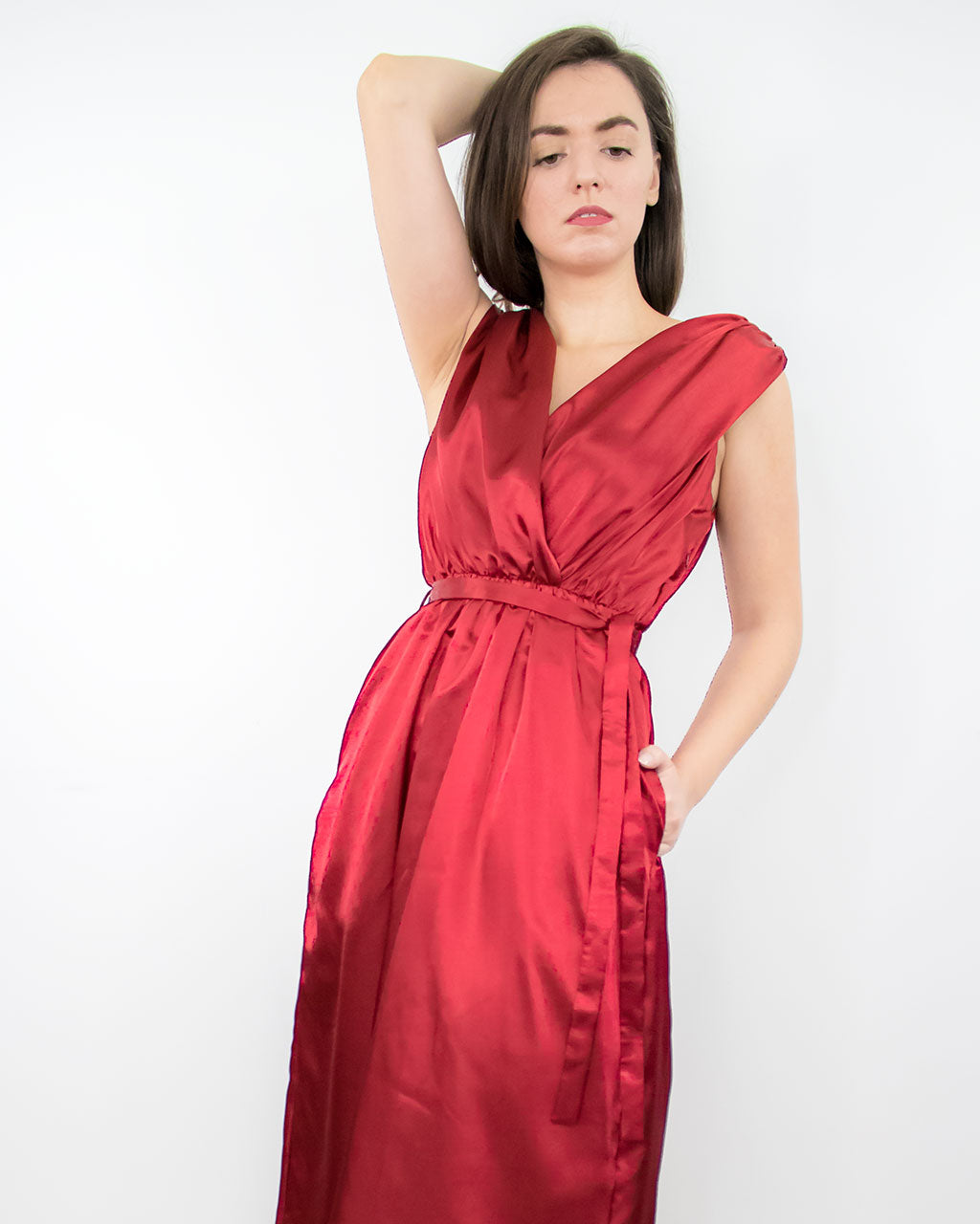 Rust red burgundy midi occassion dress for prom wedding guest cocktail party with pockets made from recycled PET satin ADKN