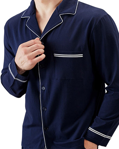 ADKN Navy Mens Bamboo Pyjamas - Bamboo & Organic Cotton Mens Button Up Pyjamas