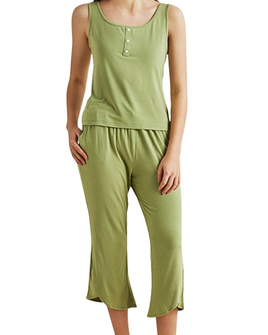 ADKN Bamboo Sleeveless Pyjamas Loungewear with Cropped Trousers - Lime