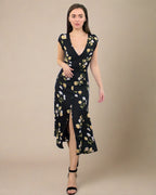 ADKN Amelia Black Midi Dress with V Neck - Black Cocktail Dress